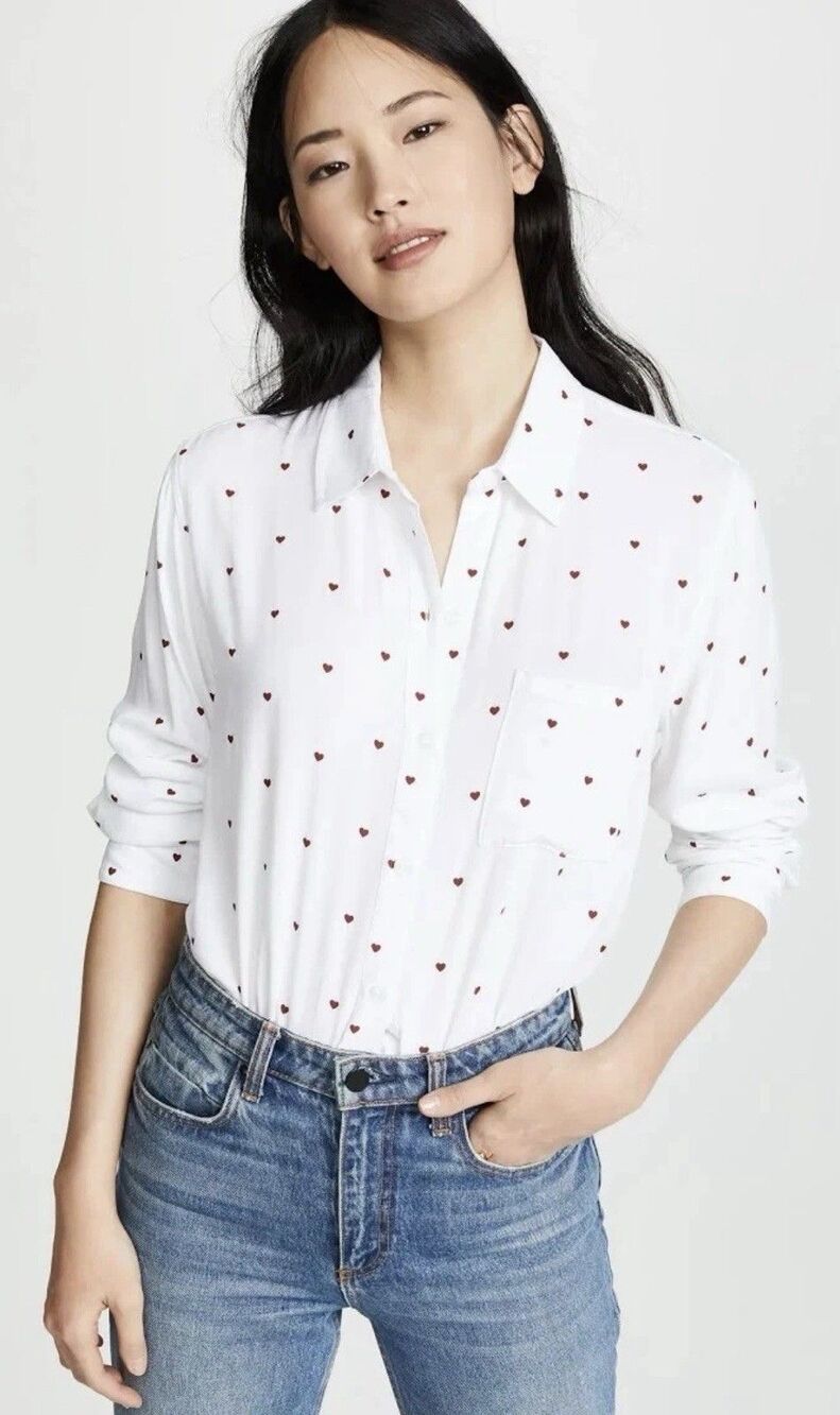 Rails Rocsi White Red Hearts Shirt Top Rayon Button up Blouse Twee new girl XL